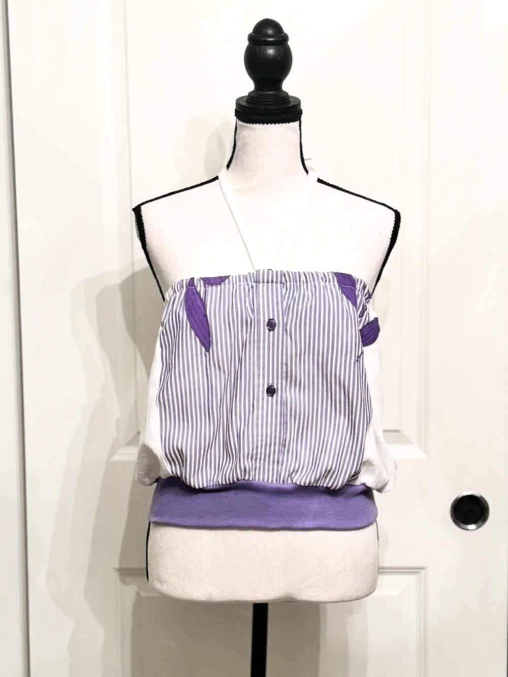 Purple and White Pinstripe Halter Top, Size S/XS